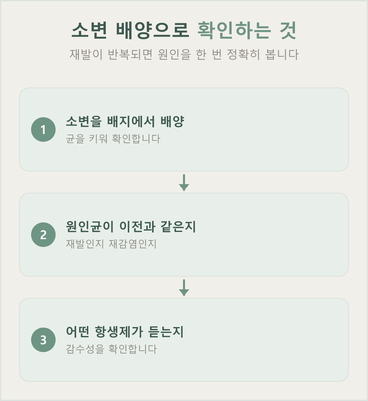 재발이 반복되면 소변 배양으로 원인균과 항생제 감수성을 확인합니다