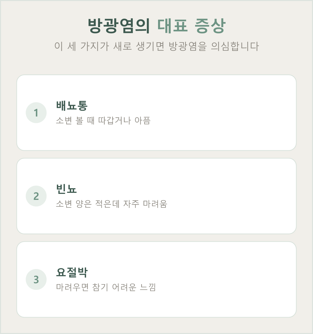 방광염의 대표 증상 — 배뇨통, 잦은 소변(빈뇨), 요절박