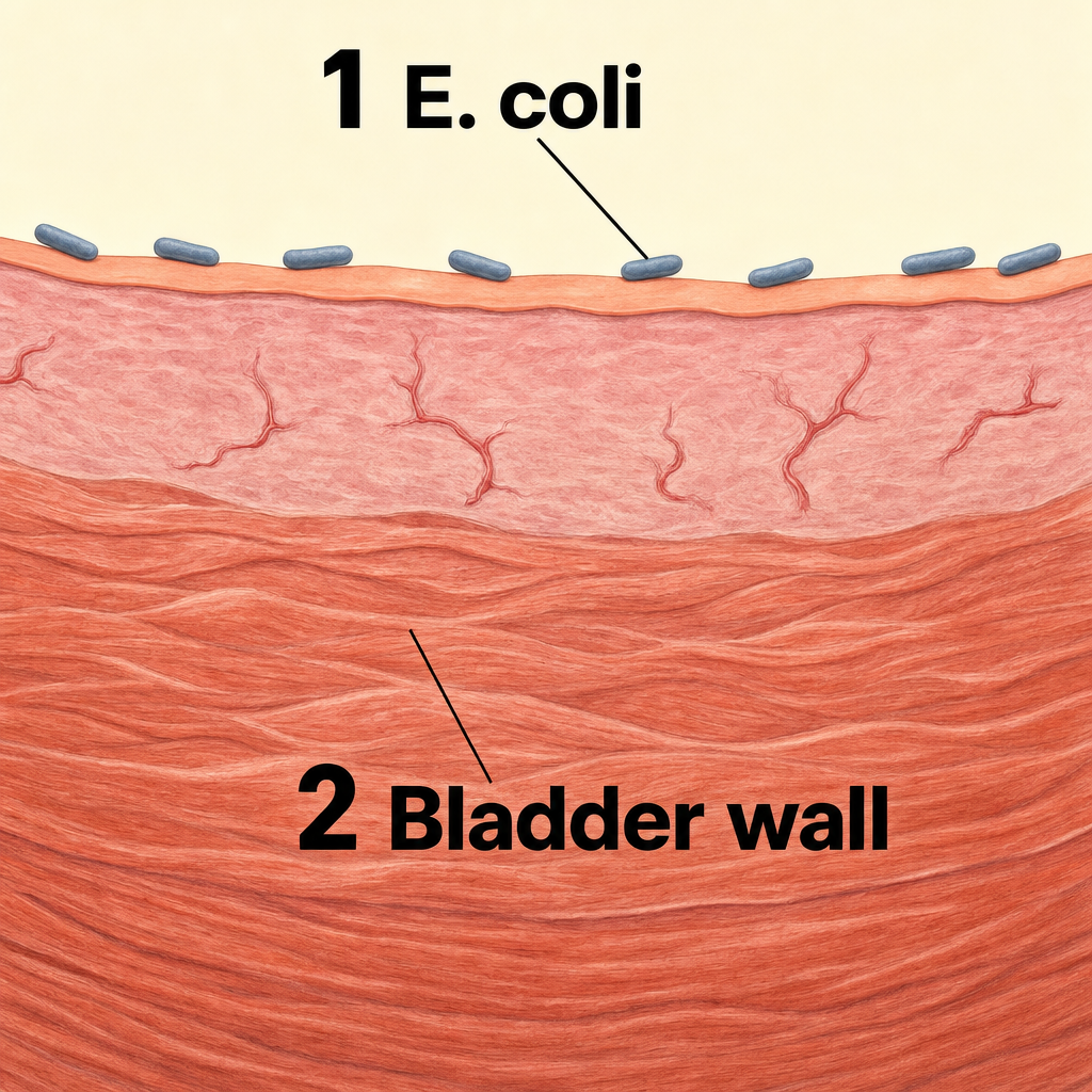 방광 안쪽 벽에 자리 잡은 대장균(E. coli) — 방광염 원인균의 대부분을 차지합니다