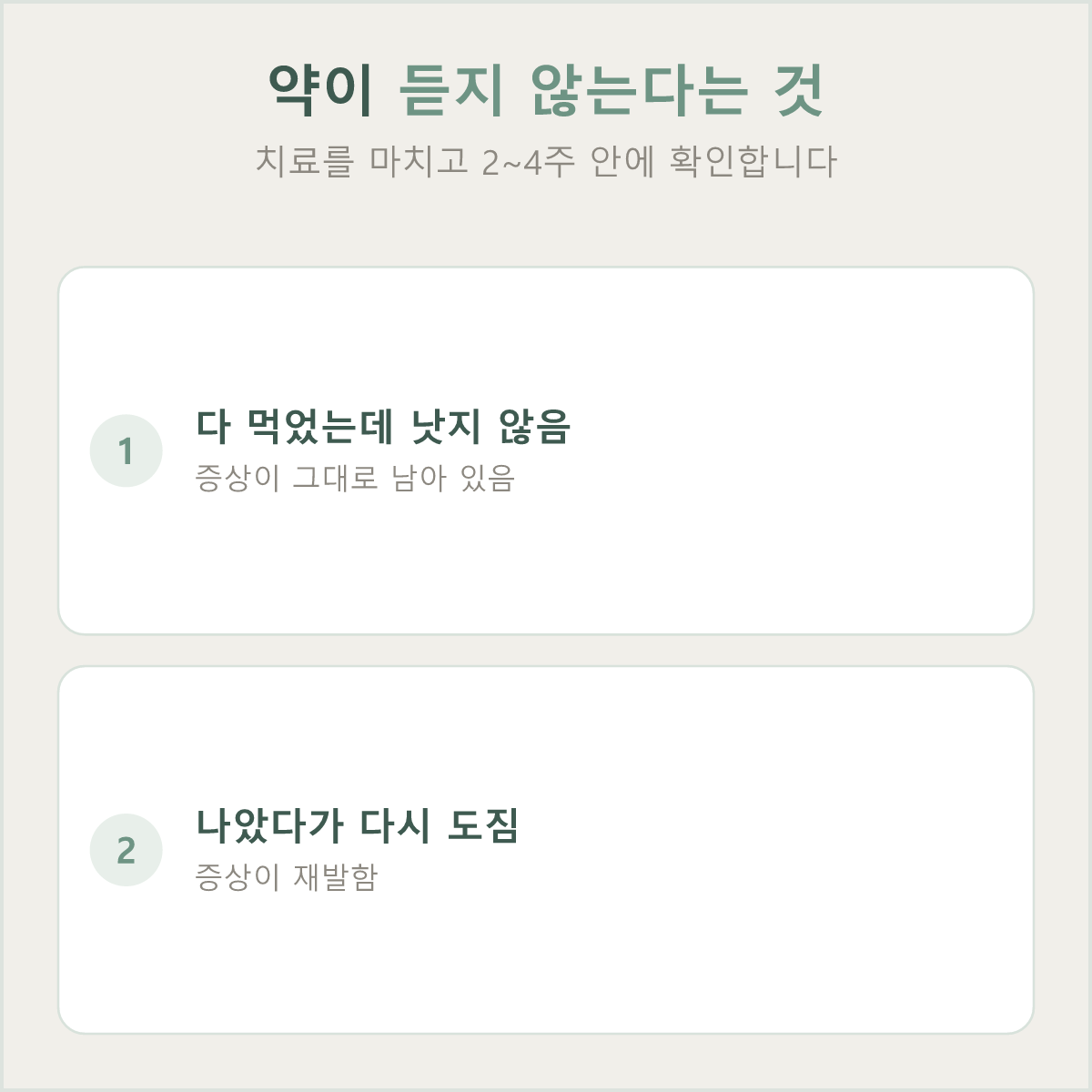 처방받은 항생제를 끝냈는데도 증상이 나아지지 않거나 다시 도지면 원인을 다시 확인합니다
