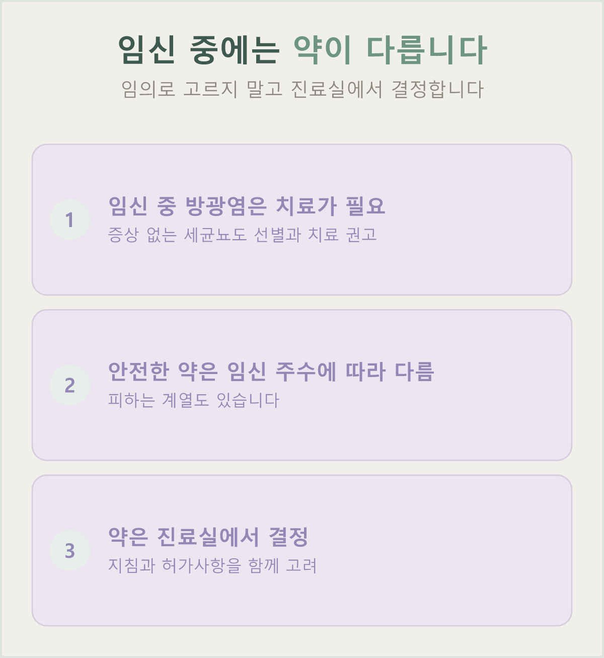 임신 중 방광염은 치료가 필요하지만, 안전한 약은 임신 주수에 따라 달라 진료실에서 결정합니다