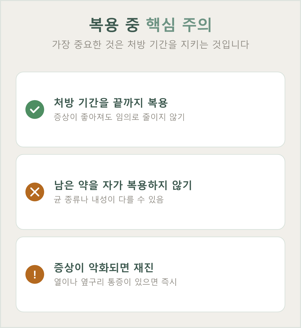 복용 중 핵심 주의 — 처방 기간 완주, 남은 약 자가 복용 금지, 증상이 악화되면 재진