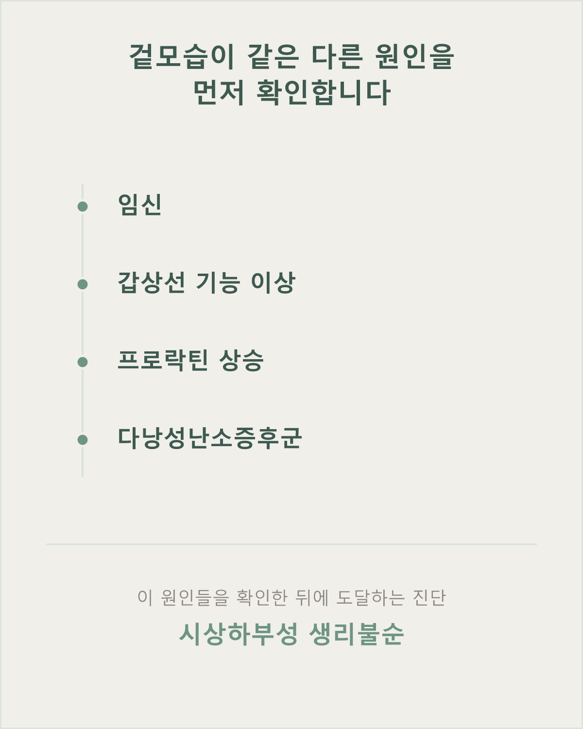 시상하부성 생리불순은 임신 가능성과 다른 호르몬 원인을 확인한 뒤에 도달하는 진단입니다