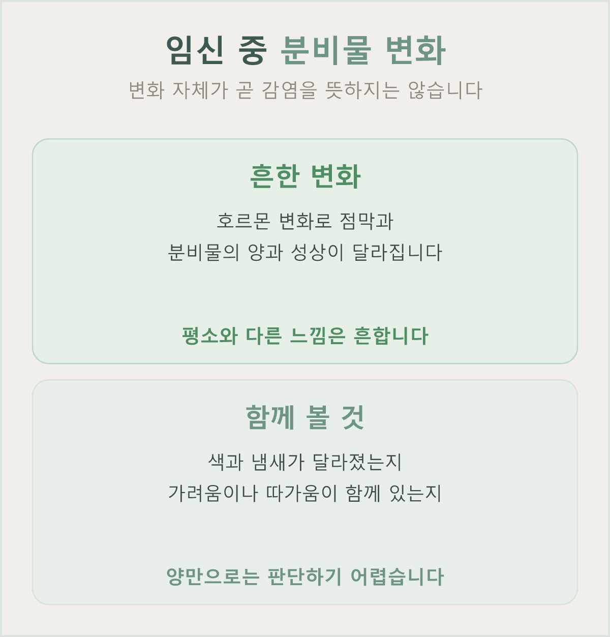 임신 중에는 질 점막과 분비물이 달라져 평소와 다른 변화를 느끼기 쉽습니다