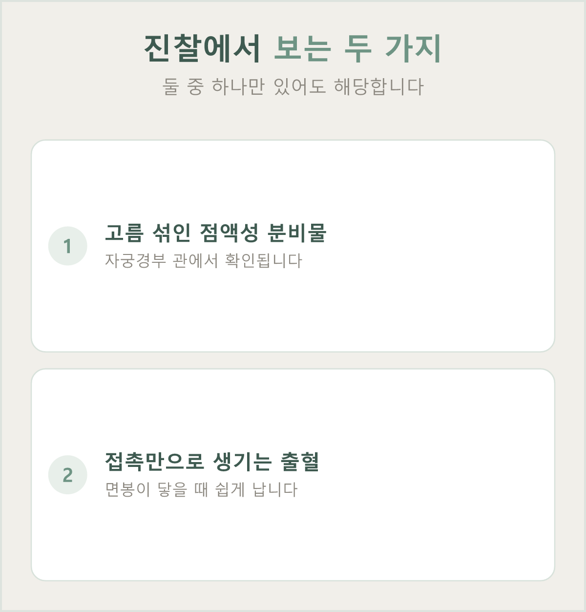 진찰에서 확인하는 두 가지 소견 — 고름 섞인 점액성 분비물과 접촉 출혈