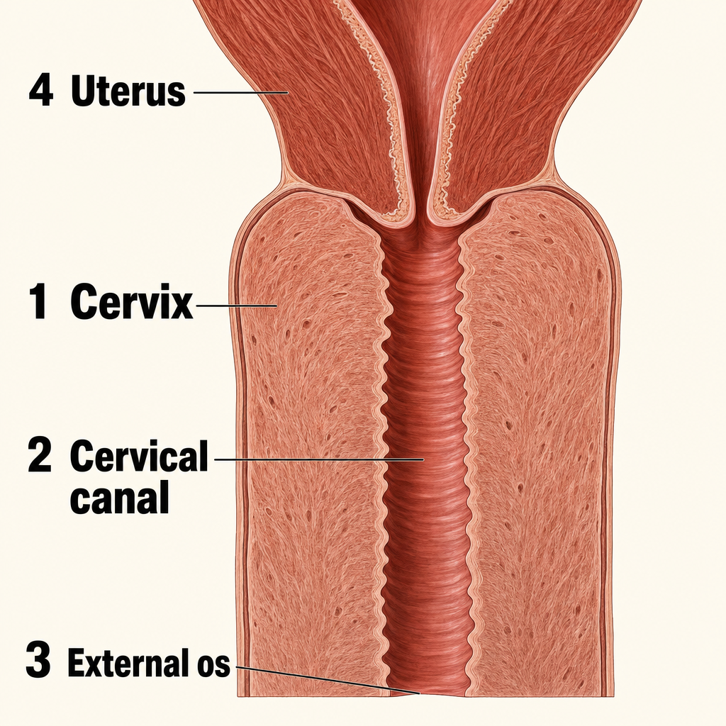 자궁 아래쪽 끝에 있는 자궁경부와 그 가운데 통로인 자궁경부관을 정면에서 자른 단면 — 통로는 아래 입구에서 자궁 속으로 이어지며, 자궁경부염은 이 자궁경부에 생깁니다