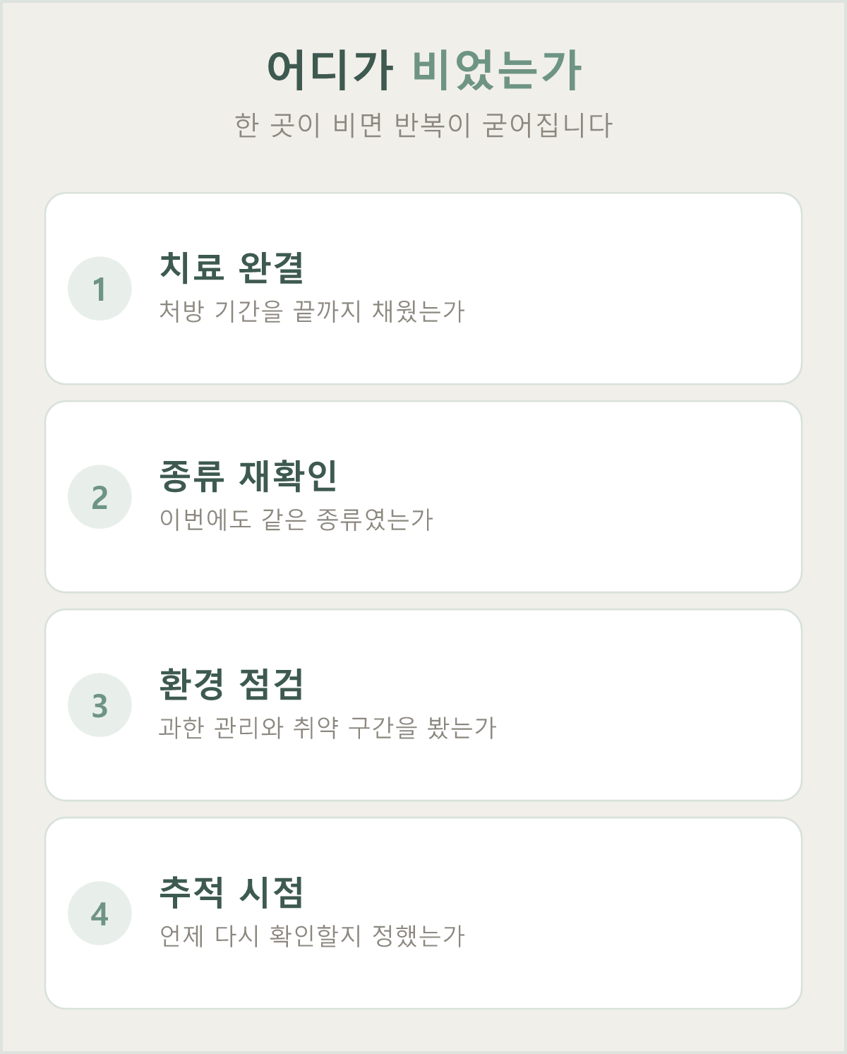 치료 완결·종류 재확인·환경 점검·추적 시점 네 곳 중 한 곳이 비면 반복이 굳어집니다