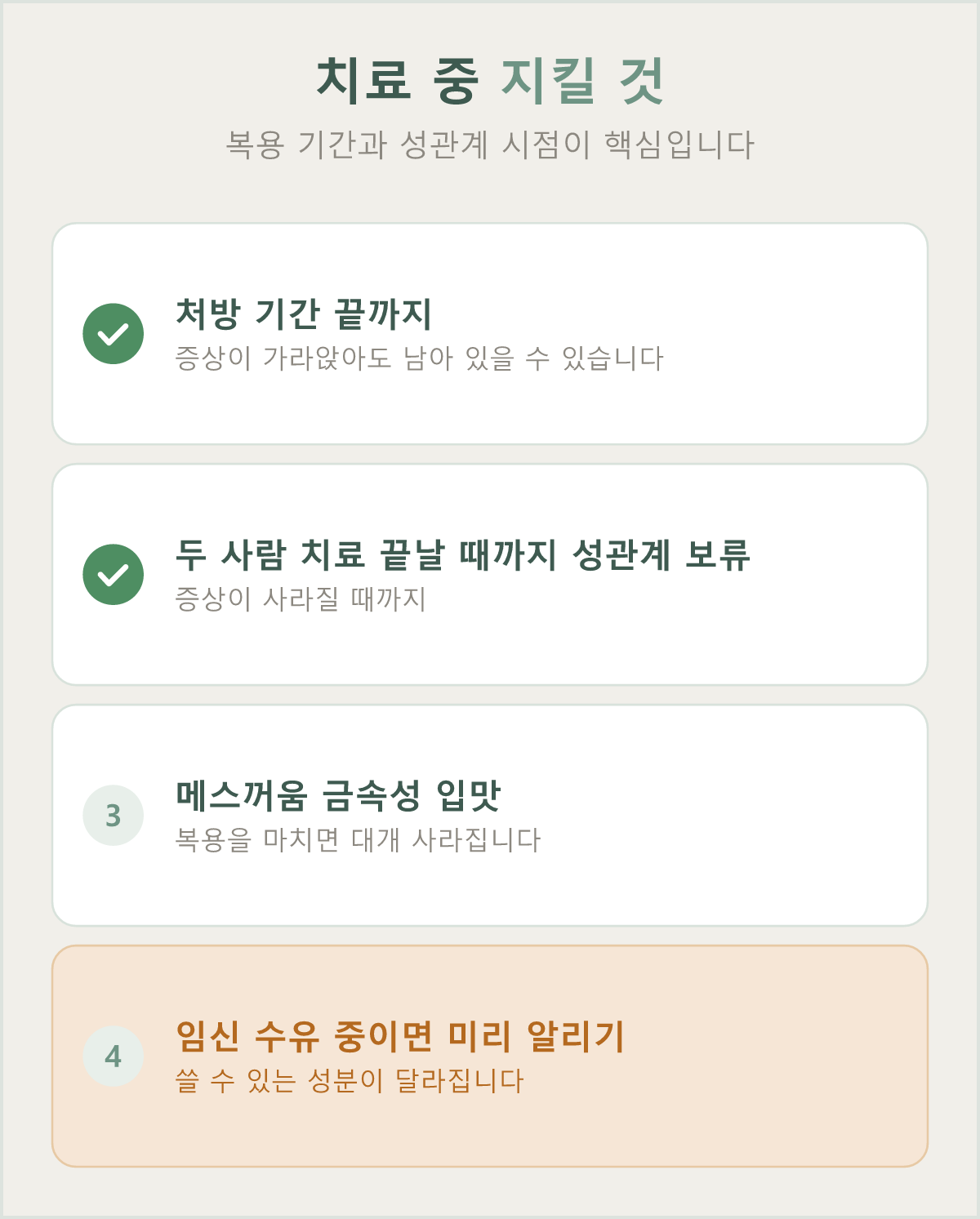 처방 기간을 끝까지 채우고, 두 사람의 치료가 끝날 때까지 성관계는 미루는 것이 권고됩니다